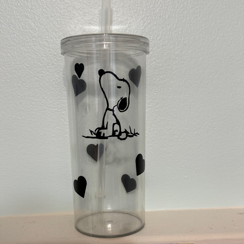 Clear Tumbler with snoopy and Black Heart Design
